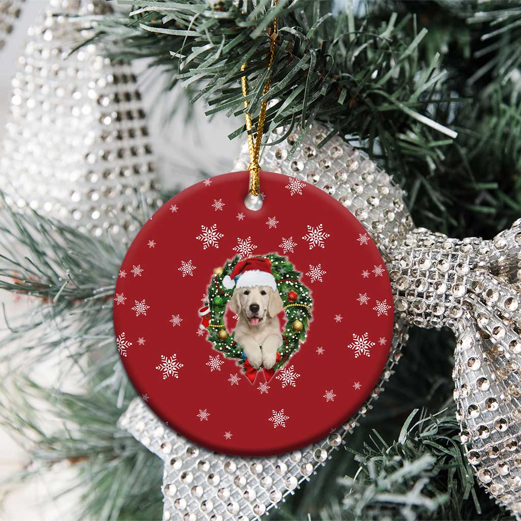 Golden Retriever Christmas Ceramic Ornament with Santa Hat Wreath and Snowflake Design - Wonder Print Shop
