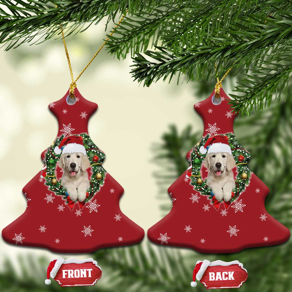 Golden Retriever Christmas Ceramic Ornament with Santa Hat Wreath and Snowflake Design - Wonder Print Shop