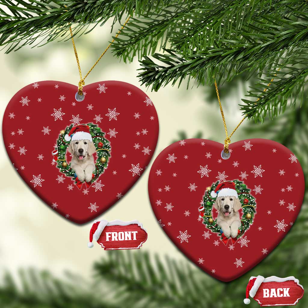 Golden Retriever Christmas Ceramic Ornament with Santa Hat Wreath and Snowflake Design - Wonder Print Shop