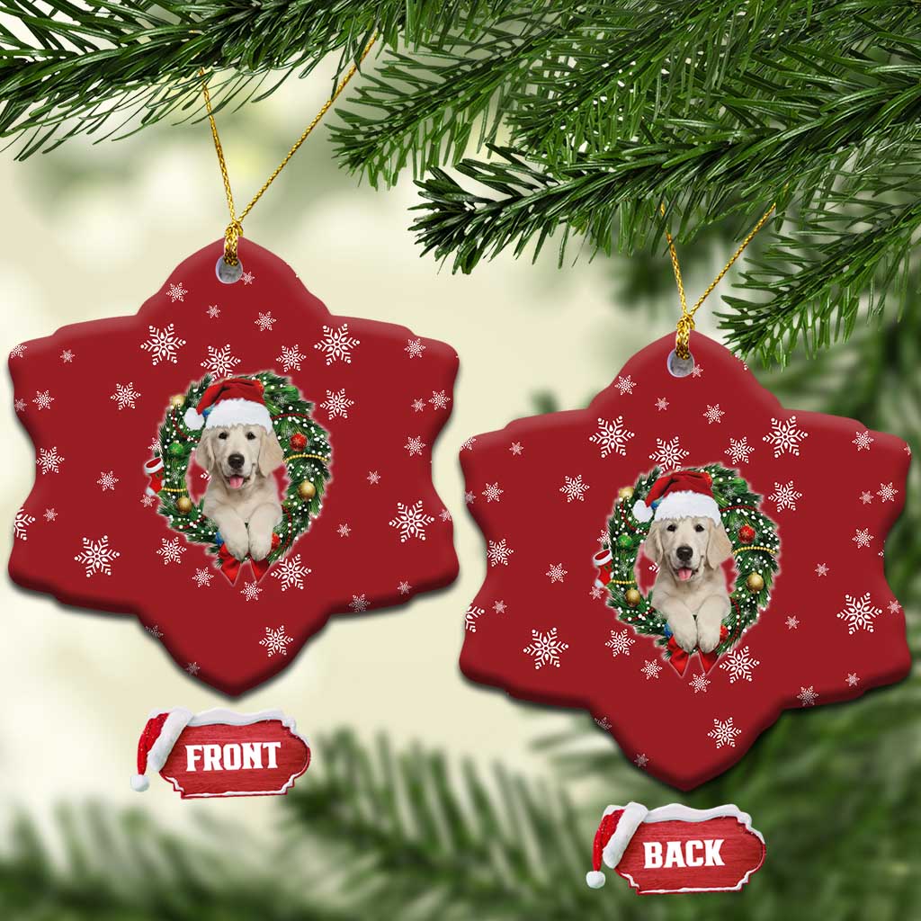 Golden Retriever Christmas Ceramic Ornament with Santa Hat Wreath and Snowflake Design - Wonder Print Shop