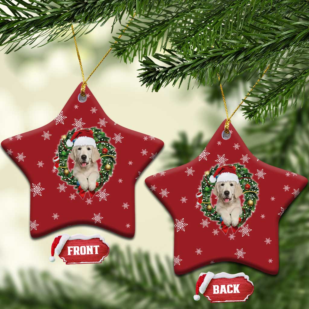 Golden Retriever Christmas Ceramic Ornament with Santa Hat Wreath and Snowflake Design - Wonder Print Shop