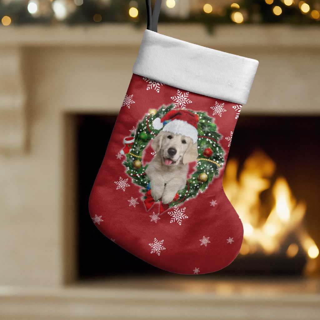 Golden Retriever Christmas Stocking with Santa Hat Wreath and Snowflake Design - Wonder Print Shop