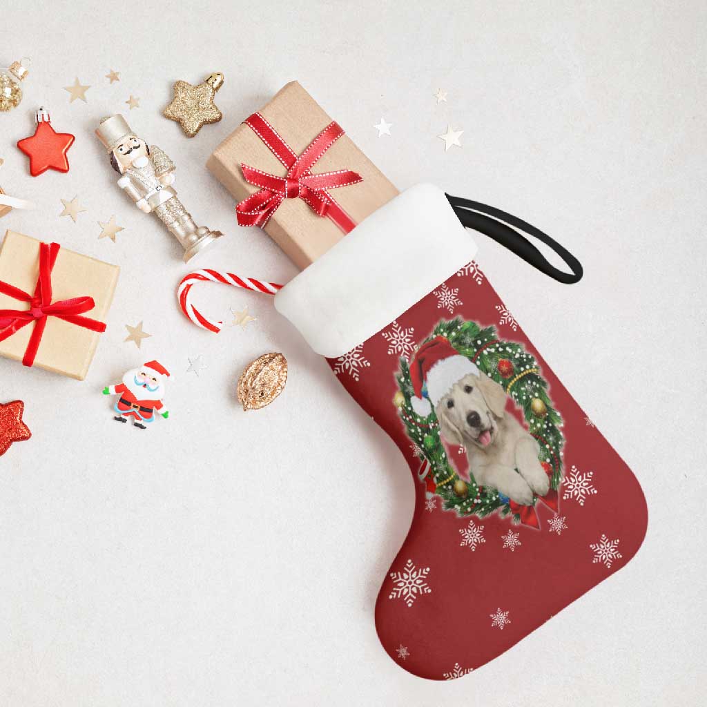 Golden Retriever Christmas Stocking with Santa Hat Wreath and Snowflake Design - Wonder Print Shop