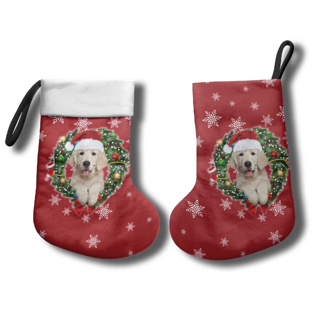 Golden Retriever Christmas Stocking with Santa Hat Wreath and Snowflake Design - Wonder Print Shop