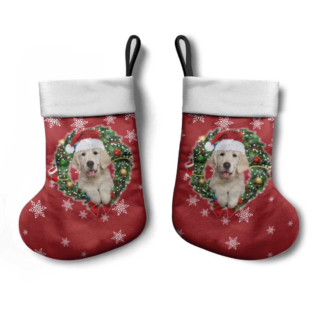 Golden Retriever Christmas Stocking with Santa Hat Wreath and Snowflake Design - Wonder Print Shop