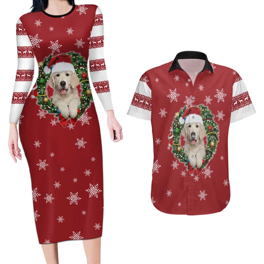 Golden Retriever Christmas Couples Matching Long Sleeve Bodycon Dress and Hawaiian Shirt with Santa Hat Wreath and Snowflake Design - Wonder Print Shop
