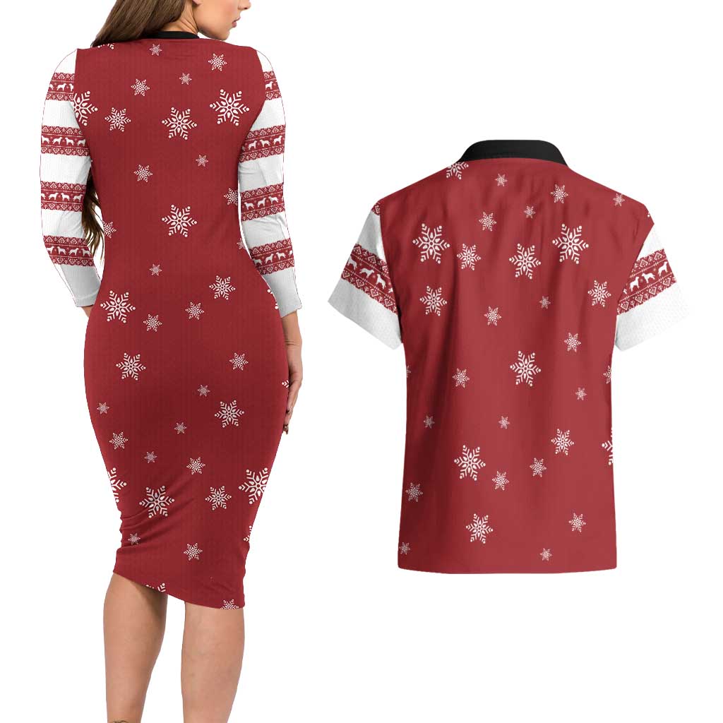 Golden Retriever Christmas Couples Matching Long Sleeve Bodycon Dress and Hawaiian Shirt with Santa Hat Wreath and Snowflake Design - Wonder Print Shop