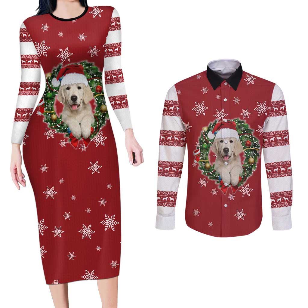 Golden Retriever Christmas Couples Matching Long Sleeve Bodycon Dress and Long Sleeve Button Shirt with Santa Hat Wreath and Snowflake Design - Wonder Print Shop