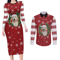 Golden Retriever Christmas Couples Matching Long Sleeve Bodycon Dress and Long Sleeve Button Shirt with Santa Hat Wreath and Snowflake Design - Wonder Print Shop