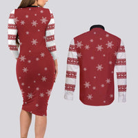 Golden Retriever Christmas Couples Matching Long Sleeve Bodycon Dress and Long Sleeve Button Shirt with Santa Hat Wreath and Snowflake Design - Wonder Print Shop
