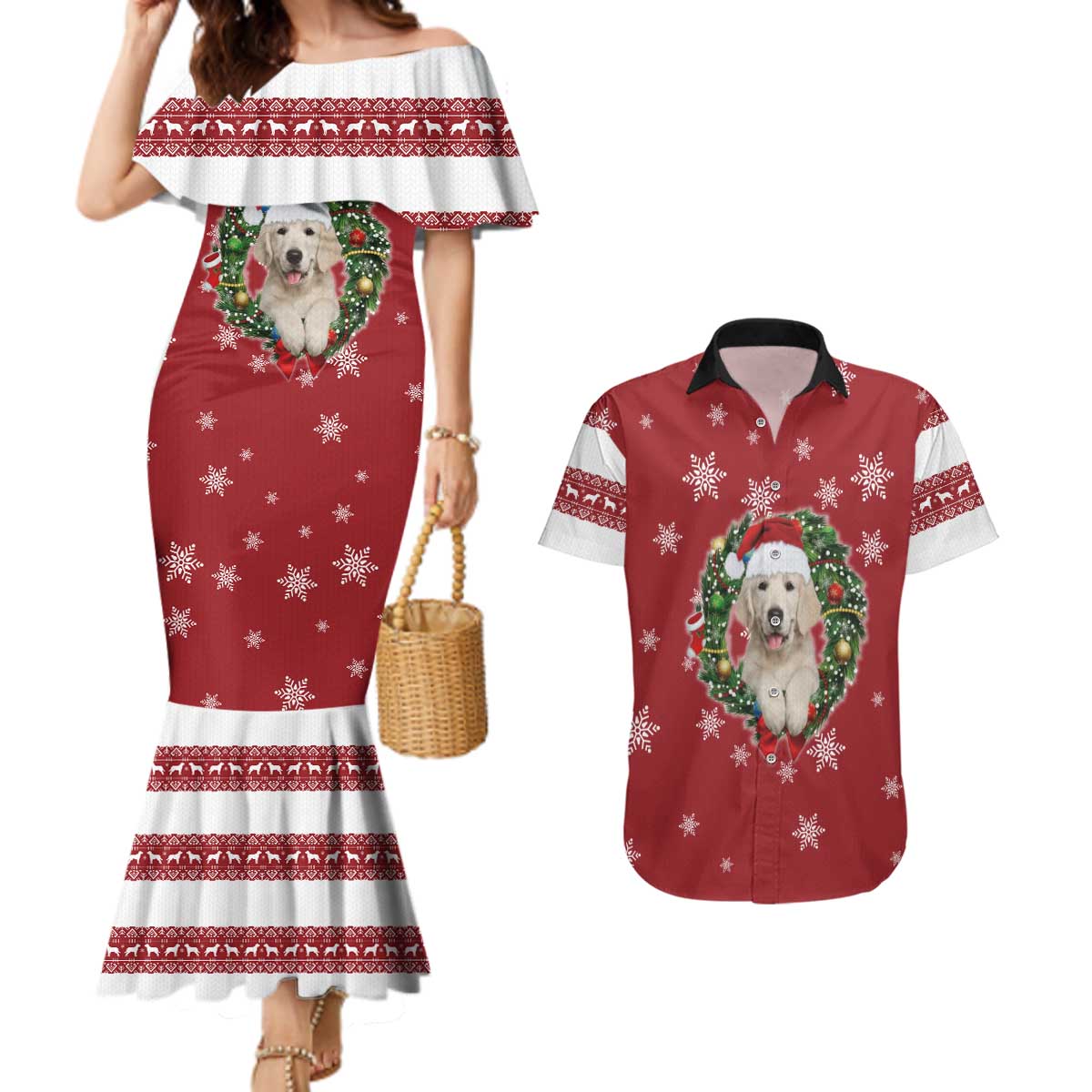 Golden Retriever Christmas Couples Matching Mermaid Dress and Hawaiian Shirt with Santa Hat Wreath and Snowflake Design - undefined
