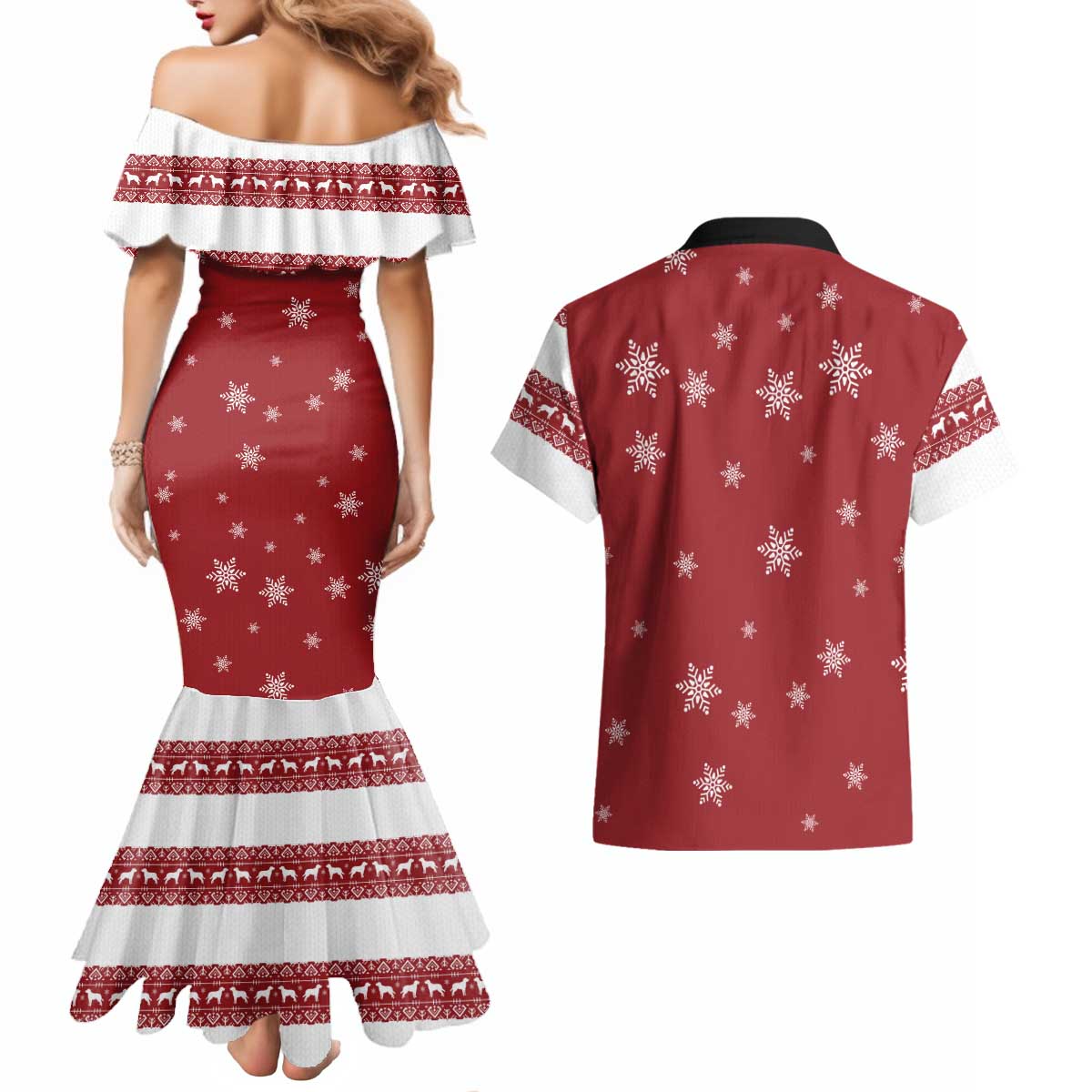 Golden Retriever Christmas Couples Matching Mermaid Dress and Hawaiian Shirt with Santa Hat Wreath and Snowflake Design - undefined