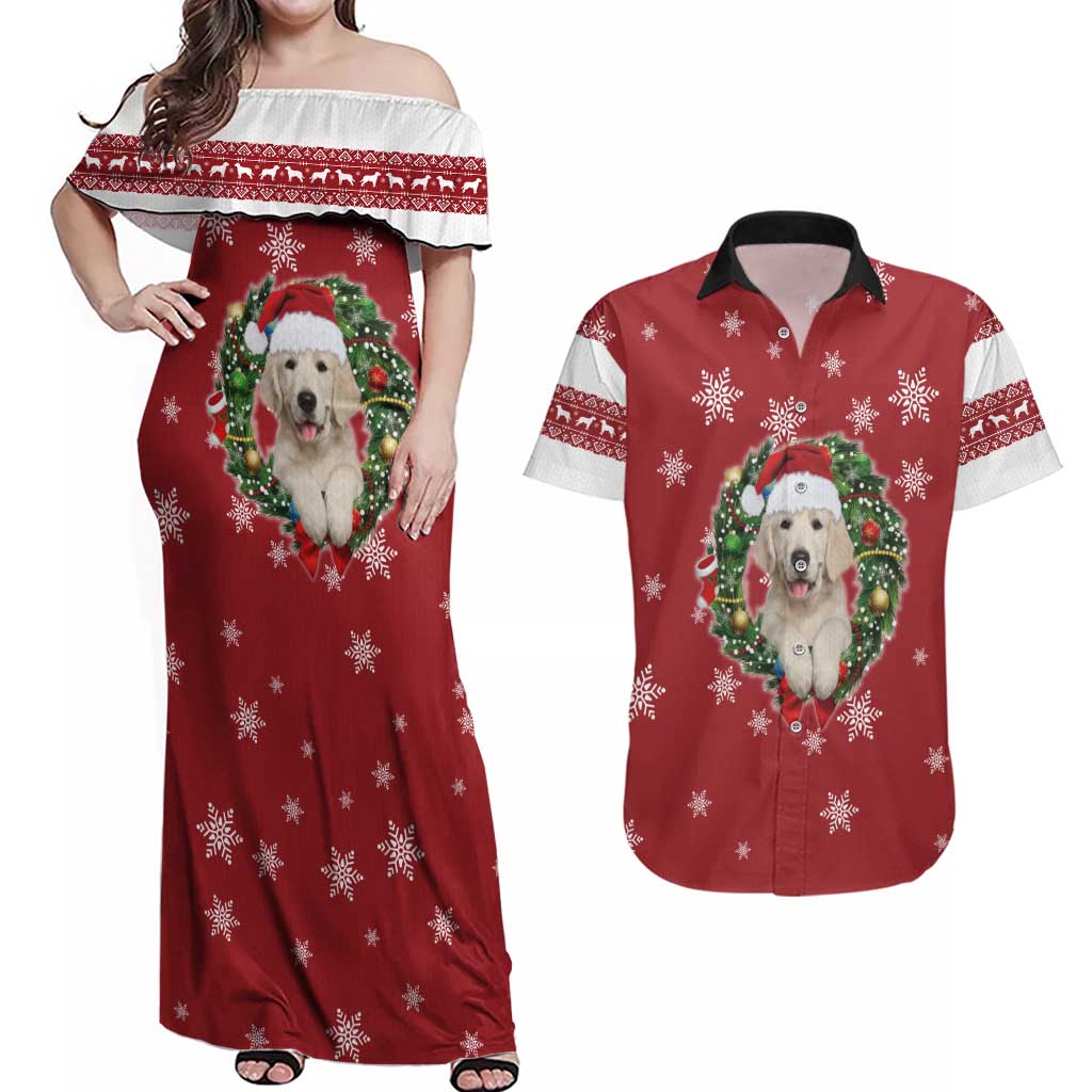 Golden Retriever Christmas Couples Matching Off Shoulder Maxi Dress and Hawaiian Shirt with Santa Hat Wreath and Snowflake Design - Wonder Print Shop