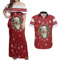 Golden Retriever Christmas Couples Matching Off Shoulder Maxi Dress and Hawaiian Shirt with Santa Hat Wreath and Snowflake Design - Wonder Print Shop
