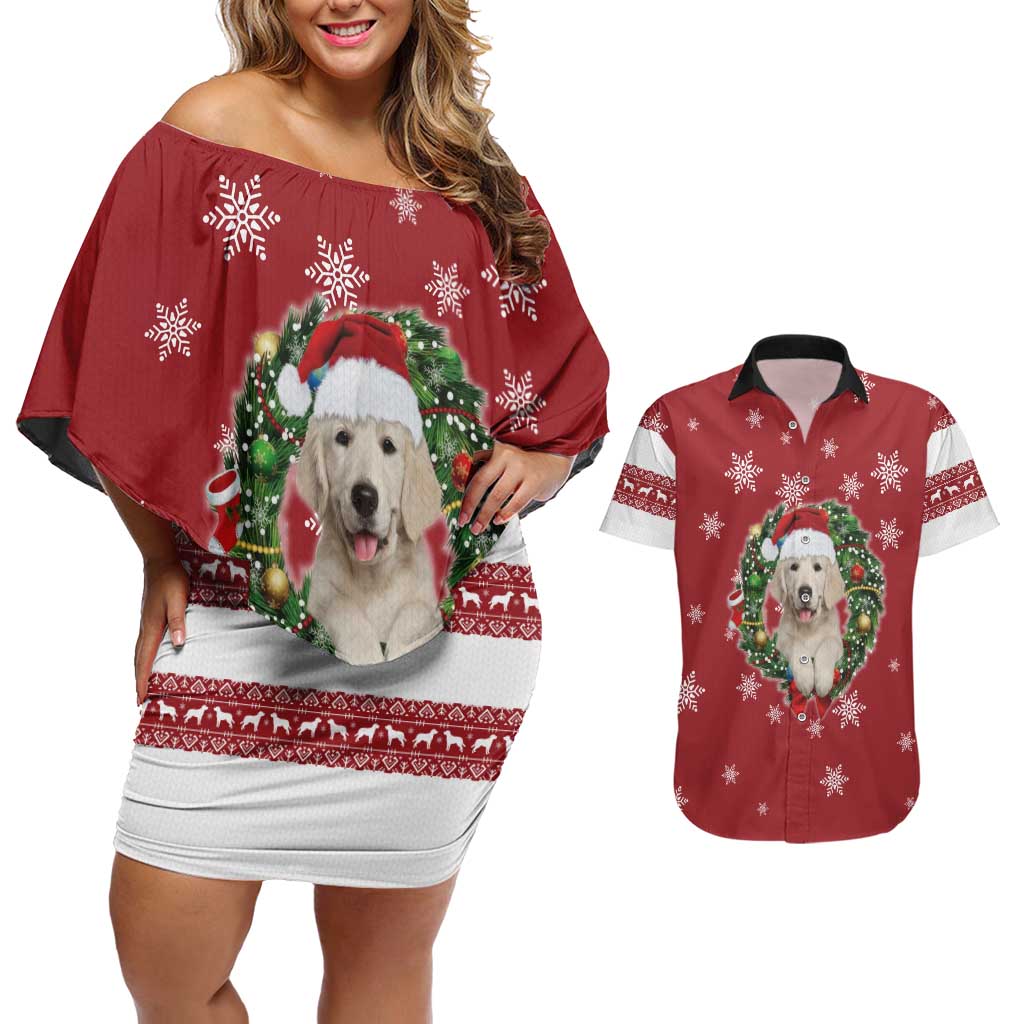 Golden Retriever Christmas Couples Matching Off Shoulder Short Dress and Hawaiian Shirt with Santa Hat Wreath and Snowflake Design - Wonder Print Shop