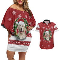 Golden Retriever Christmas Couples Matching Off Shoulder Short Dress and Hawaiian Shirt with Santa Hat Wreath and Snowflake Design - Wonder Print Shop