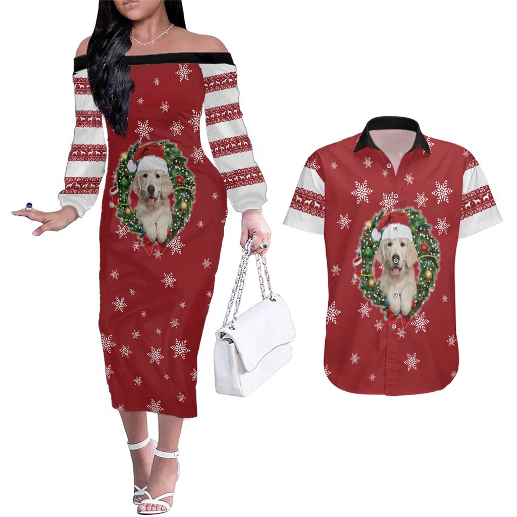 Golden Retriever Christmas Couples Matching Off The Shoulder Long Sleeve Dress and Hawaiian Shirt with Santa Hat Wreath and Snowflake Design - Wonder Print Shop