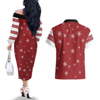Golden Retriever Christmas Couples Matching Off The Shoulder Long Sleeve Dress and Hawaiian Shirt with Santa Hat Wreath and Snowflake Design - Wonder Print Shop