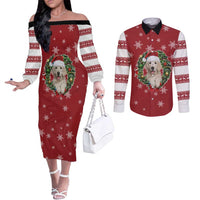 Golden Retriever Christmas Couples Matching Off The Shoulder Long Sleeve Dress and Long Sleeve Button Shirt with Santa Hat Wreath and Snowflake Design - Wonder Print Shop