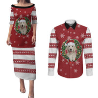 Golden Retriever Christmas Couples Matching Puletasi and Long Sleeve Button Shirt with Santa Hat Wreath and Snowflake Design - Wonder Print Shop