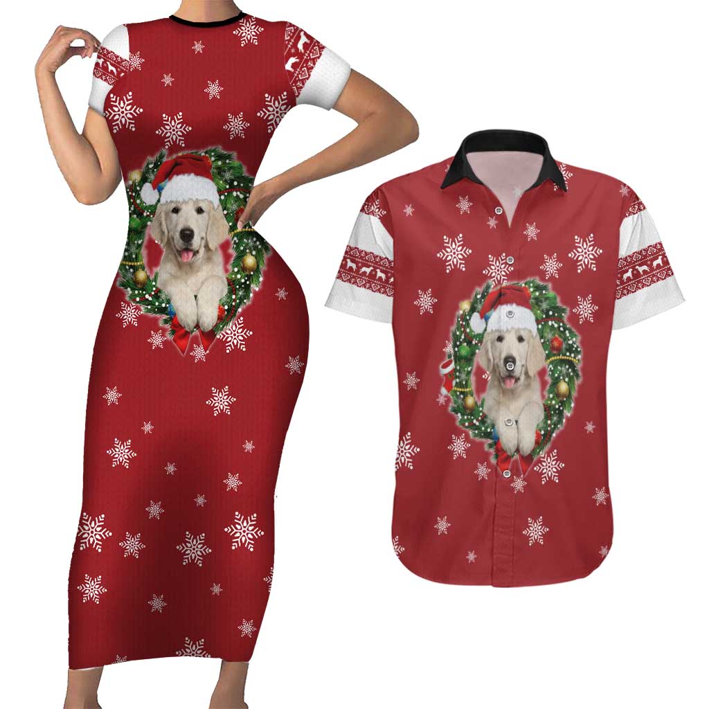 Golden Retriever Christmas Couples Matching Short Sleeve Bodycon Dress and Hawaiian Shirt with Santa Hat Wreath and Snowflake Design - Wonder Print Shop