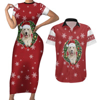 Golden Retriever Christmas Couples Matching Short Sleeve Bodycon Dress and Hawaiian Shirt with Santa Hat Wreath and Snowflake Design - Wonder Print Shop