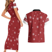 Golden Retriever Christmas Couples Matching Short Sleeve Bodycon Dress and Hawaiian Shirt with Santa Hat Wreath and Snowflake Design - Wonder Print Shop