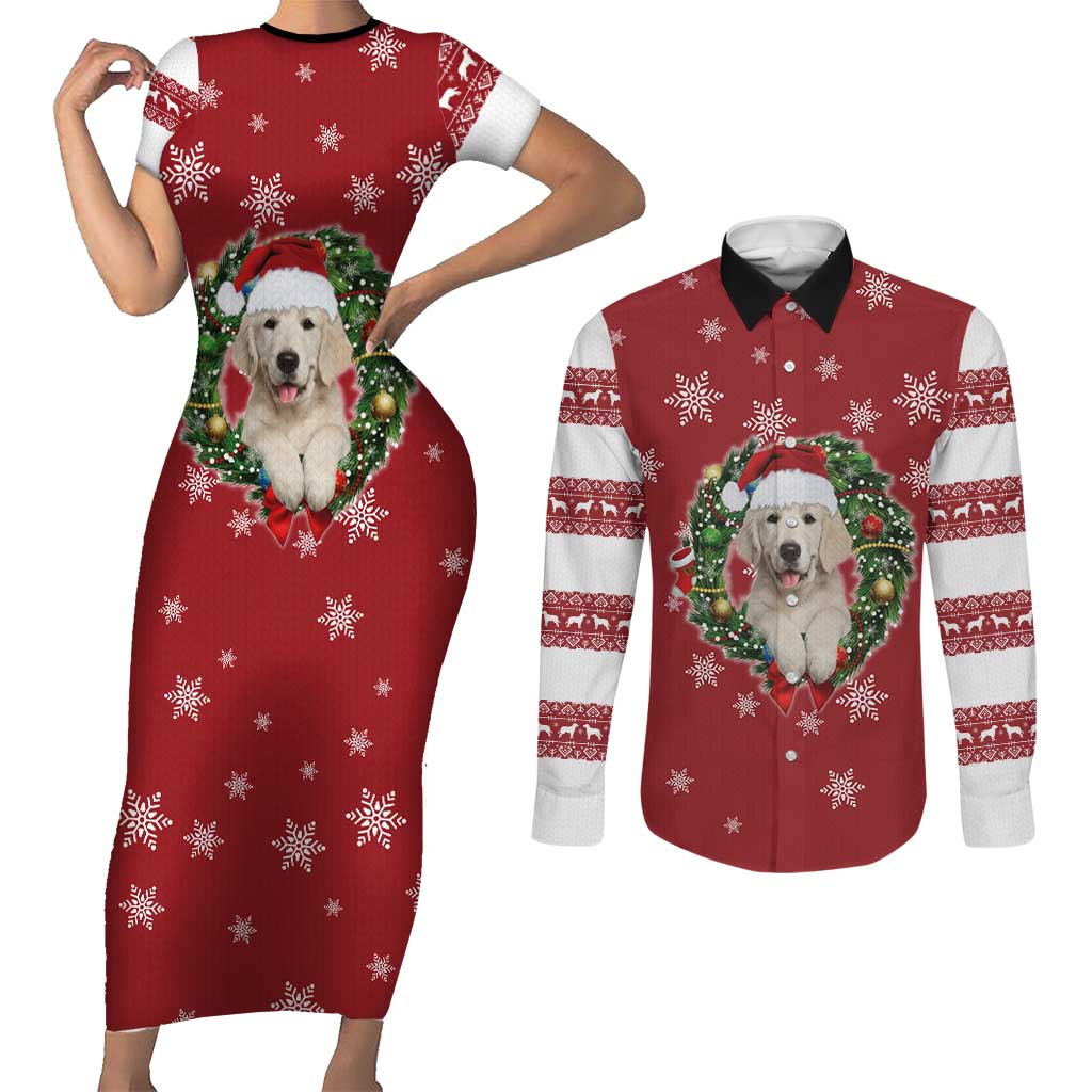 Golden Retriever Christmas Couples Matching Short Sleeve Bodycon Dress and Long Sleeve Button Shirt with Santa Hat Wreath and Snowflake Design - Wonder Print Shop