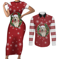Golden Retriever Christmas Couples Matching Short Sleeve Bodycon Dress and Long Sleeve Button Shirt with Santa Hat Wreath and Snowflake Design - Wonder Print Shop