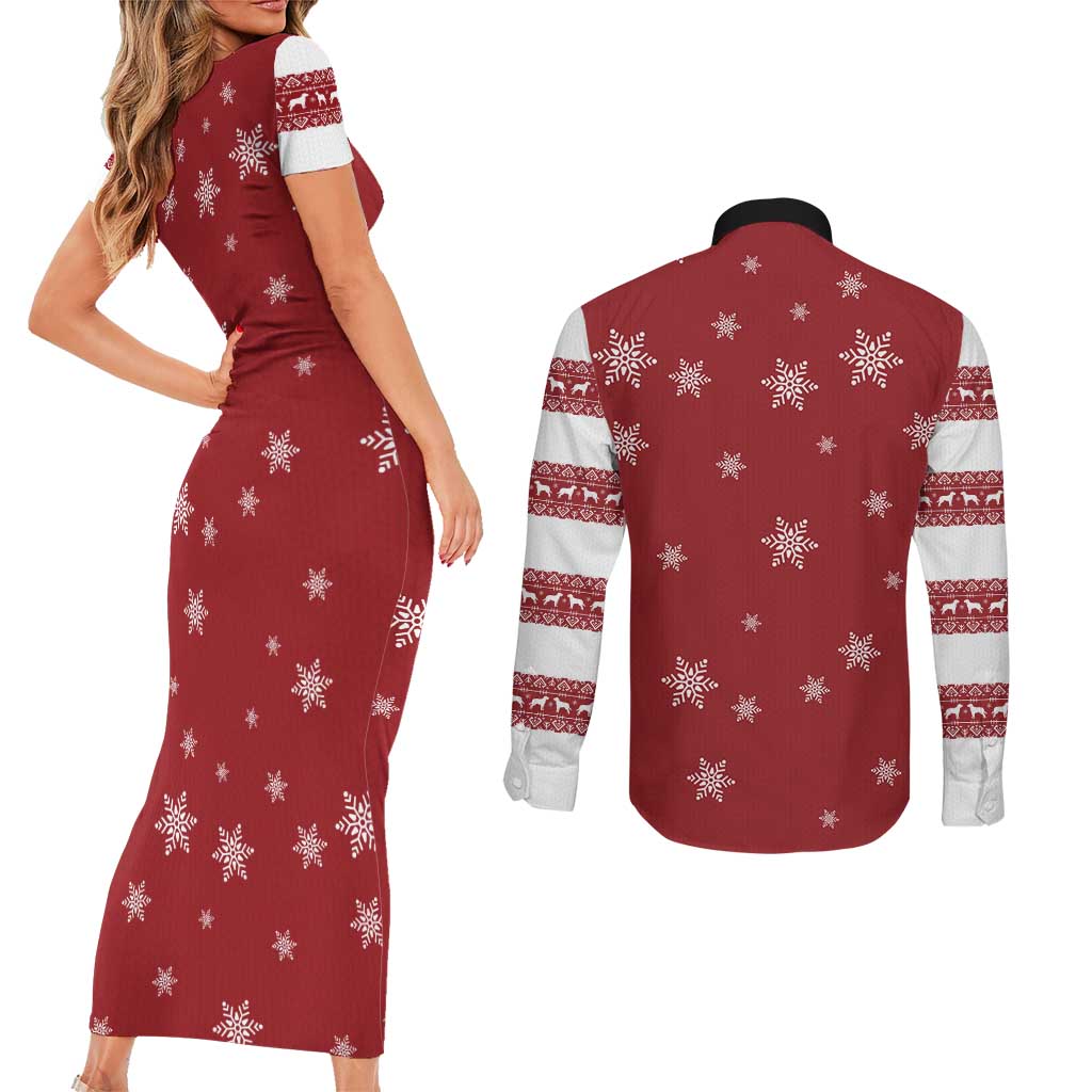 Golden Retriever Christmas Couples Matching Short Sleeve Bodycon Dress and Long Sleeve Button Shirt with Santa Hat Wreath and Snowflake Design - Wonder Print Shop
