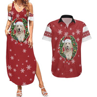 Golden Retriever Christmas Couples Matching Summer Maxi Dress and Hawaiian Shirt with Santa Hat Wreath and Snowflake Design - undefined