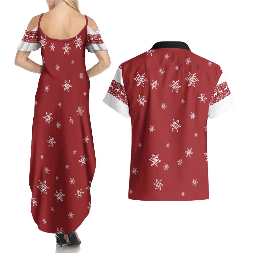 Golden Retriever Christmas Couples Matching Summer Maxi Dress and Hawaiian Shirt with Santa Hat Wreath and Snowflake Design - undefined