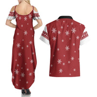 Golden Retriever Christmas Couples Matching Summer Maxi Dress and Hawaiian Shirt with Santa Hat Wreath and Snowflake Design - undefined