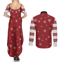Golden Retriever Christmas Couples Matching Summer Maxi Dress and Long Sleeve Button Shirt with Santa Hat Wreath and Snowflake Design - Wonder Print Shop