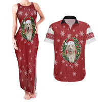 Golden Retriever Christmas Couples Matching Tank Maxi Dress and Hawaiian Shirt with Santa Hat Wreath and Snowflake Design - Wonder Print Shop