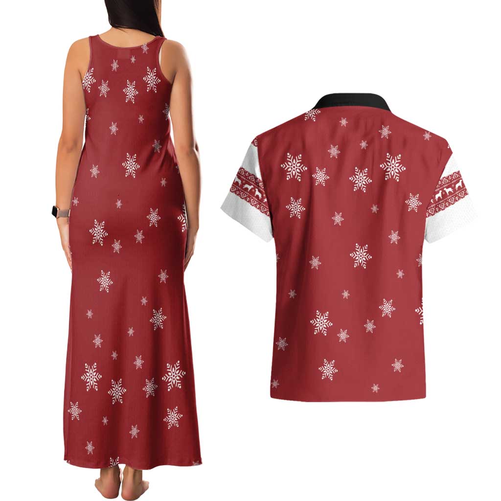 Golden Retriever Christmas Couples Matching Tank Maxi Dress and Hawaiian Shirt with Santa Hat Wreath and Snowflake Design - Wonder Print Shop