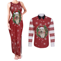 Golden Retriever Christmas Couples Matching Tank Maxi Dress and Long Sleeve Button Shirt with Santa Hat Wreath and Snowflake Design - Wonder Print Shop