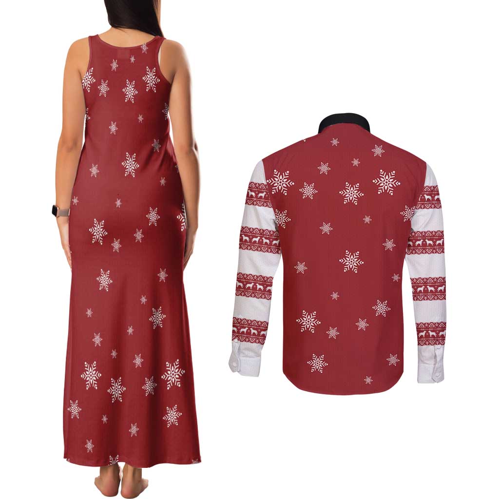 Golden Retriever Christmas Couples Matching Tank Maxi Dress and Long Sleeve Button Shirt with Santa Hat Wreath and Snowflake Design - Wonder Print Shop