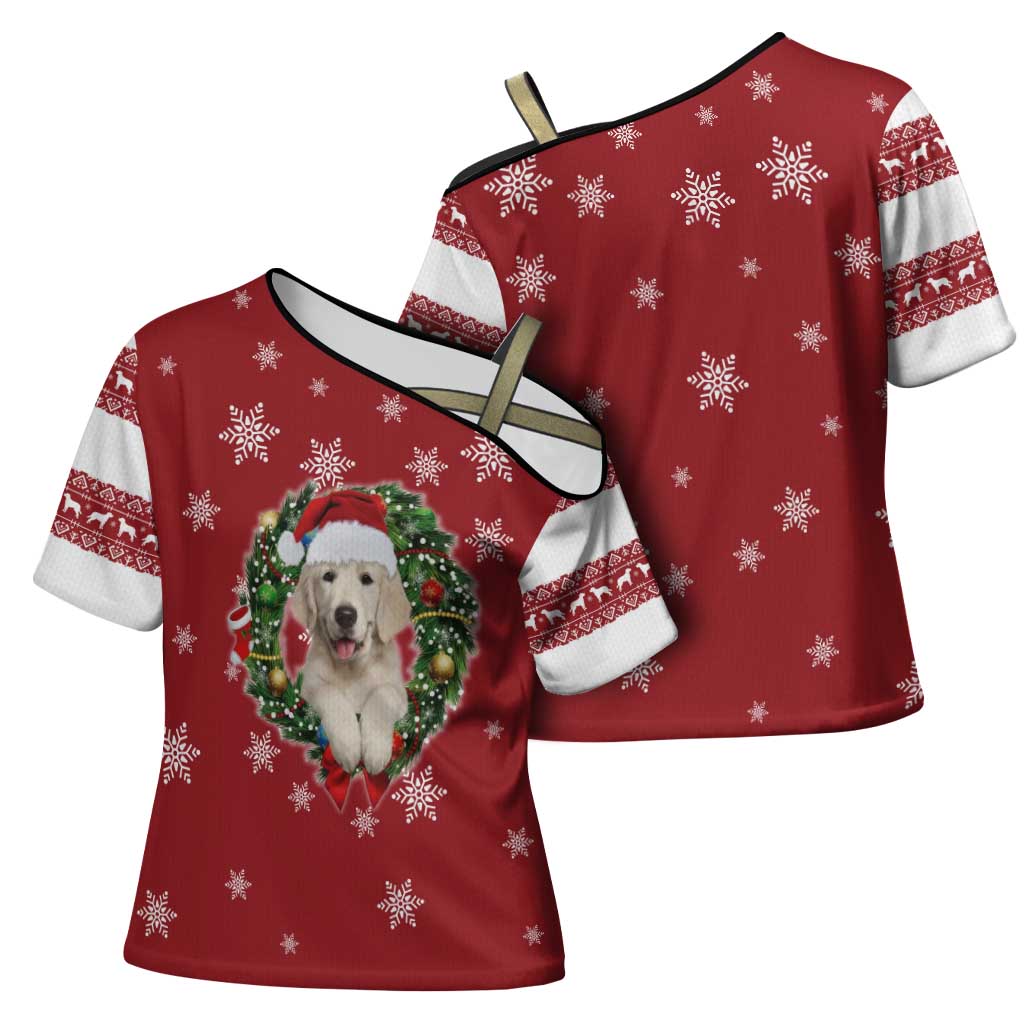 Golden Retriever Christmas Cross Shoulder Shirt with Santa Hat Wreath and Snowflake Design - Wonder Print Shop
