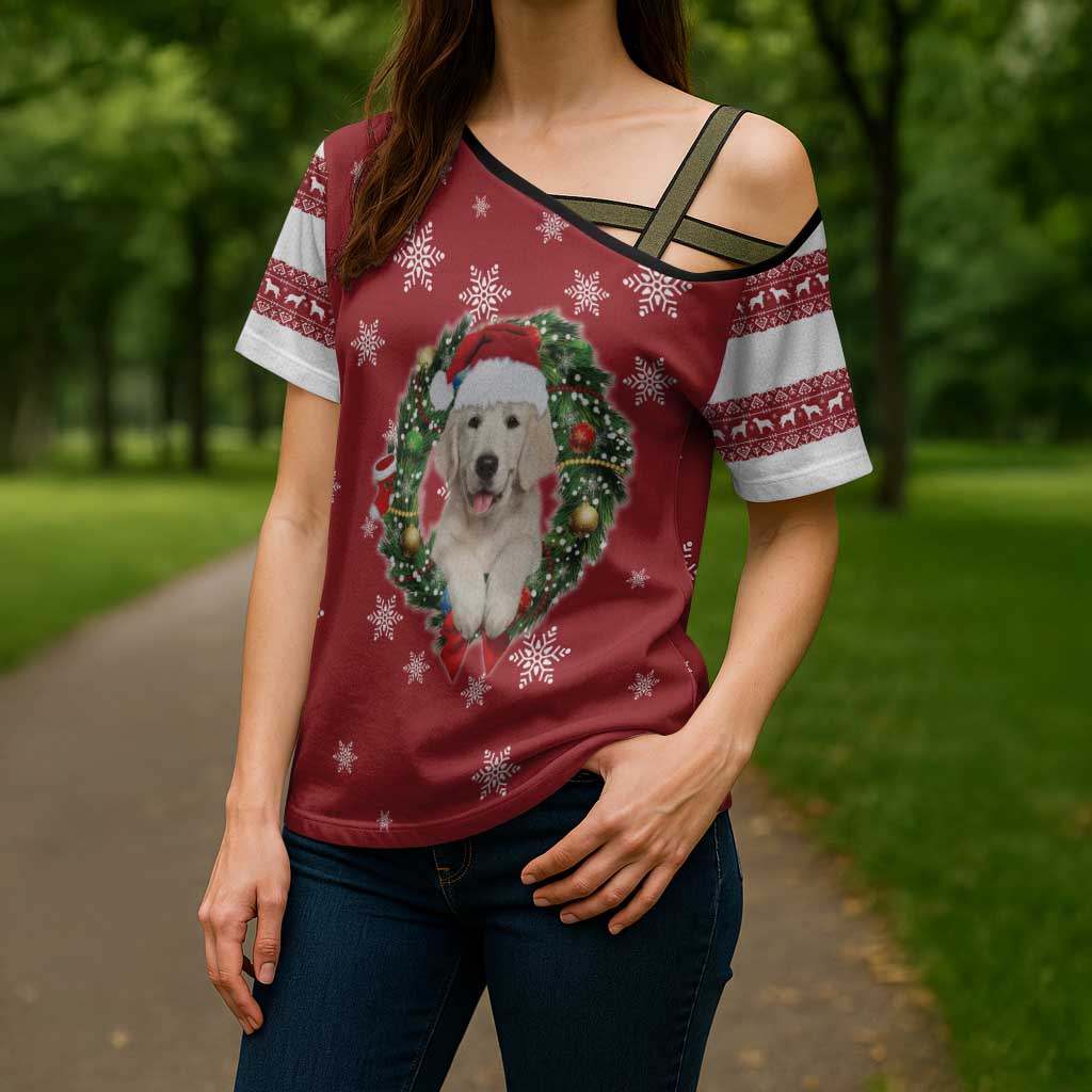 Golden Retriever Christmas Cross Shoulder Shirt with Santa Hat Wreath and Snowflake Design - Wonder Print Shop