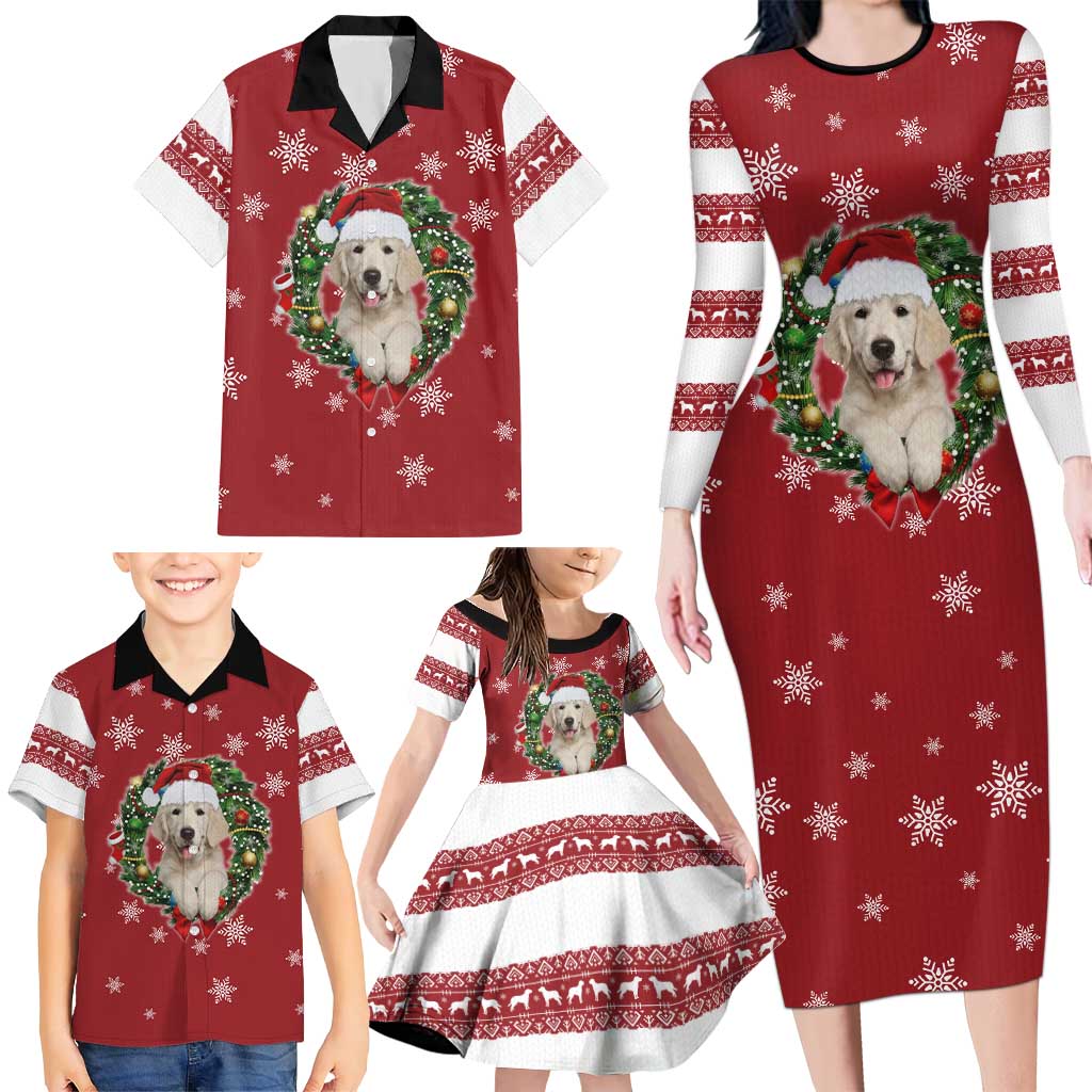 Golden Retriever Christmas Family Matching Long Sleeve Bodycon Dress and Hawaiian Shirt with Santa Hat Wreath and Snowflake Design - Wonder Print Shop