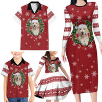 Golden Retriever Christmas Family Matching Long Sleeve Bodycon Dress and Hawaiian Shirt with Santa Hat Wreath and Snowflake Design - Wonder Print Shop
