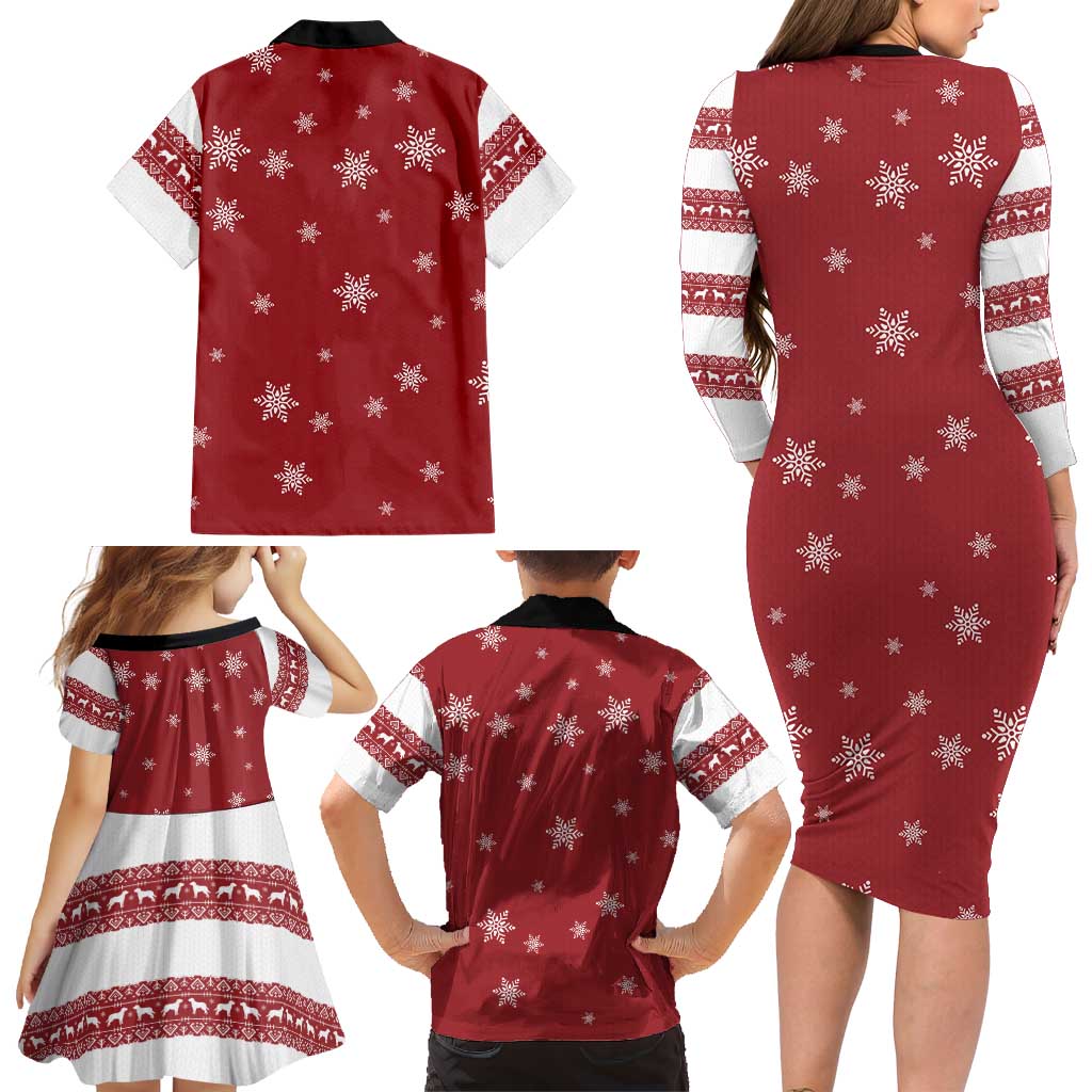 Golden Retriever Christmas Family Matching Long Sleeve Bodycon Dress and Hawaiian Shirt with Santa Hat Wreath and Snowflake Design - Wonder Print Shop