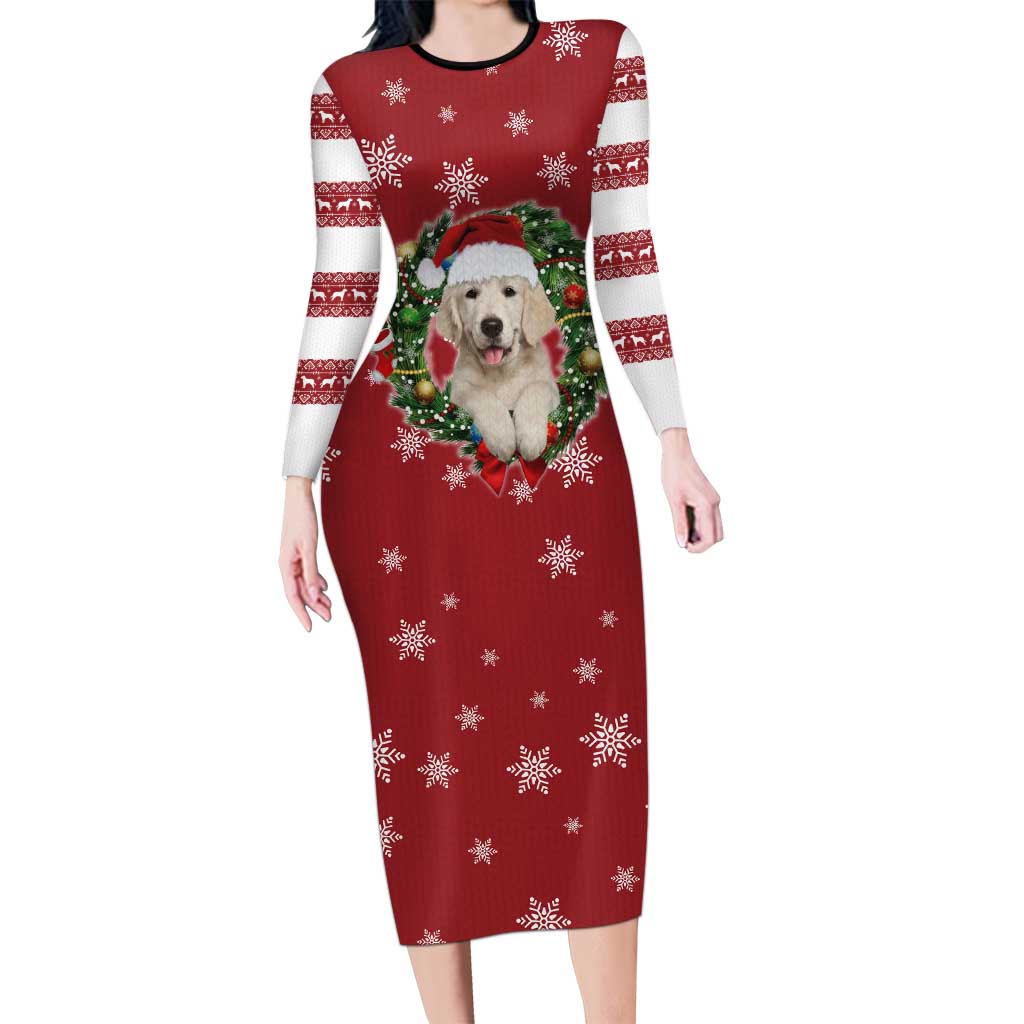 Golden Retriever Christmas Family Matching Long Sleeve Bodycon Dress and Hawaiian Shirt with Santa Hat Wreath and Snowflake Design - Wonder Print Shop