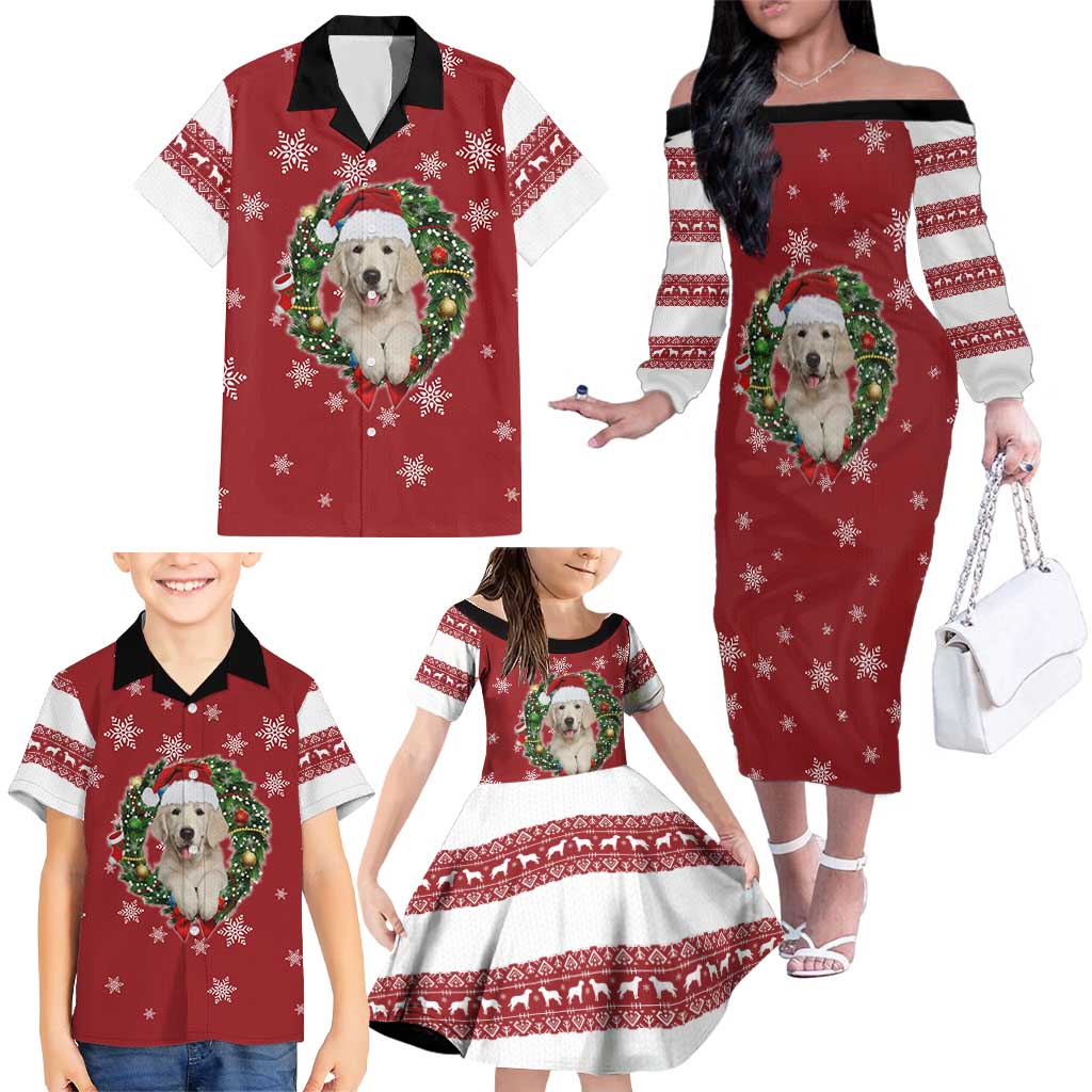 Golden Retriever Christmas Family Matching Off The Shoulder Long Sleeve Dress and Hawaiian Shirt with Santa Hat Wreath and Snowflake Design - Wonder Print Shop