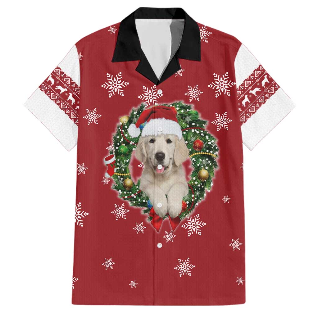 Golden Retriever Christmas Family Matching Off Shoulder Maxi Dress and Hawaiian Shirt with Santa Hat Wreath and Snowflake Design - Wonder Print Shop