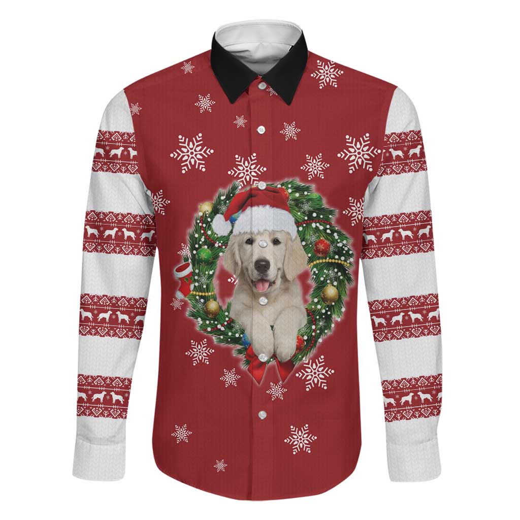 Golden Retriever Christmas Family Matching Off Shoulder Maxi Dress and Hawaiian Shirt with Santa Hat Wreath and Snowflake Design - Wonder Print Shop