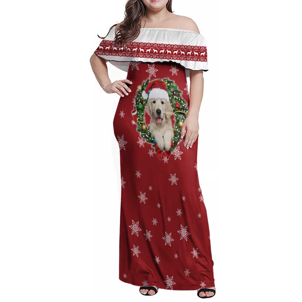 Golden Retriever Christmas Family Matching Off Shoulder Maxi Dress and Hawaiian Shirt with Santa Hat Wreath and Snowflake Design - Wonder Print Shop