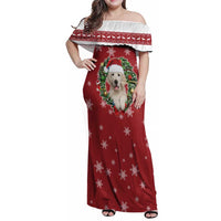Golden Retriever Christmas Family Matching Off Shoulder Maxi Dress and Hawaiian Shirt with Santa Hat Wreath and Snowflake Design - Wonder Print Shop