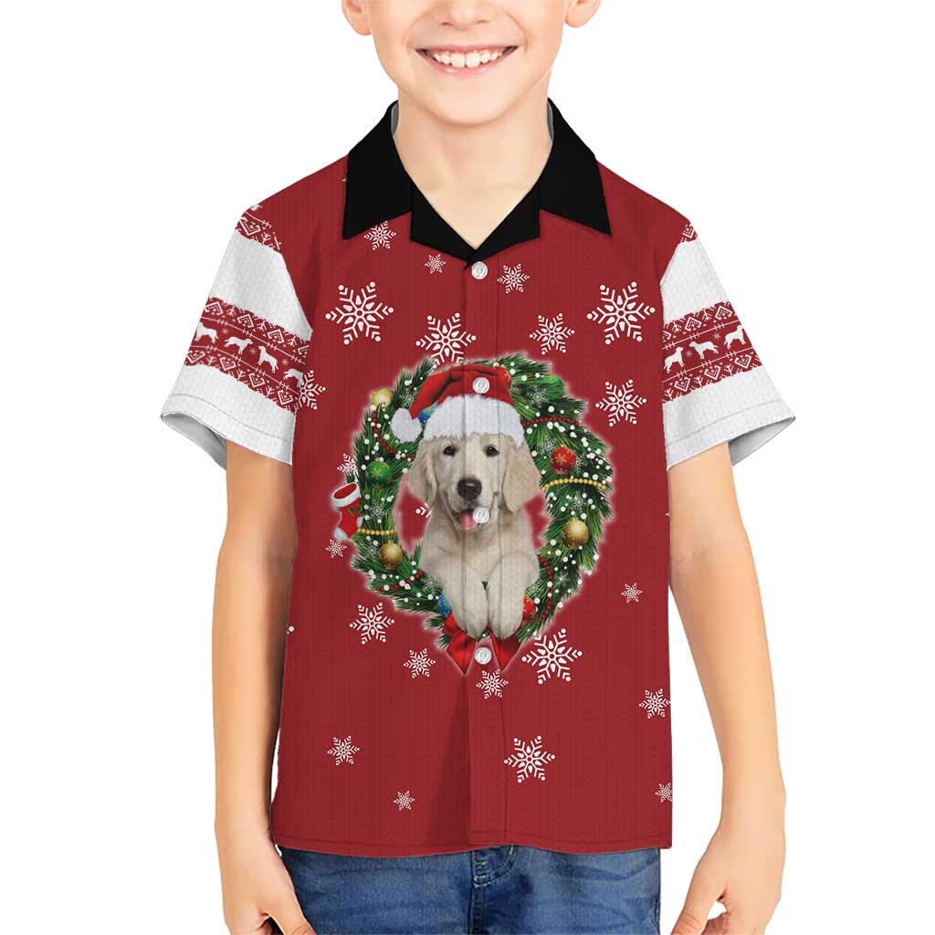 Golden Retriever Christmas Family Matching Off Shoulder Maxi Dress and Hawaiian Shirt with Santa Hat Wreath and Snowflake Design - Wonder Print Shop